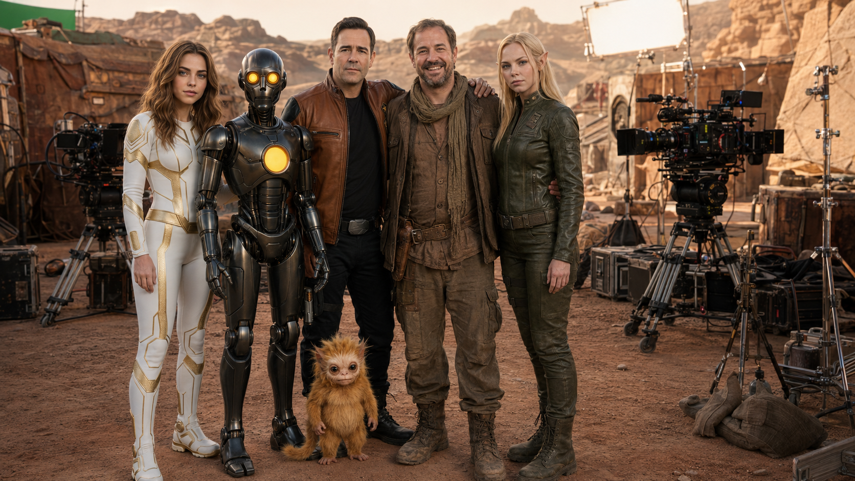 A prospective guest star standing with the Long Haulers cast on location